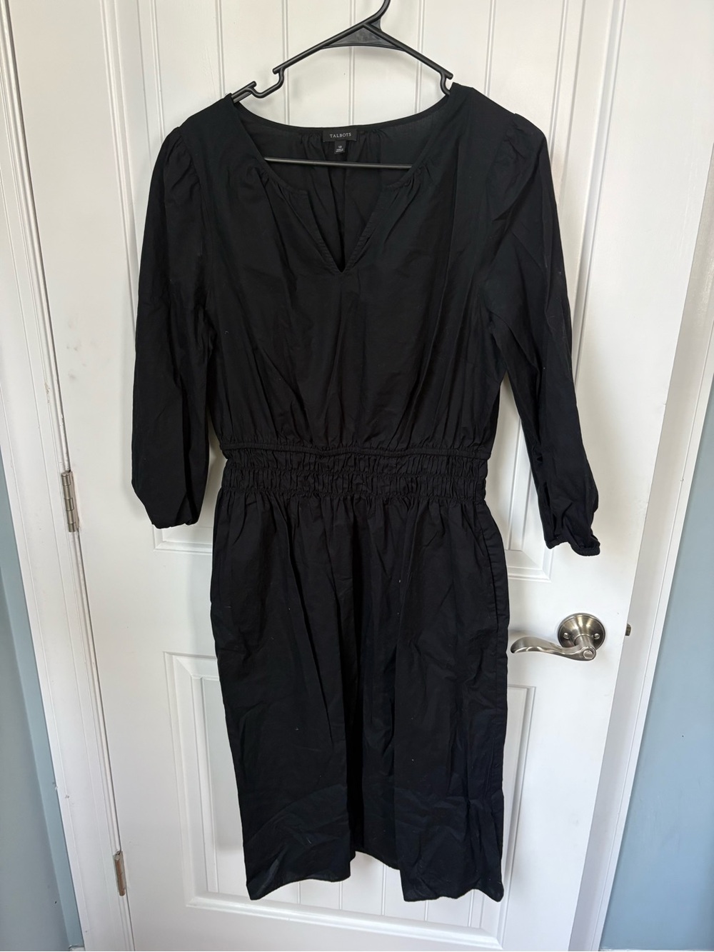 Talbots Black V-Neck Smocked-Waist Midi Dress